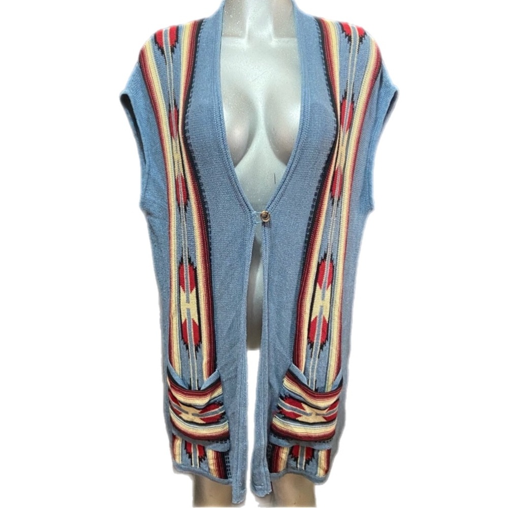Chaps Knit Western Long Sweater Vest Cardigan 2XL Aztec Pockets Southwestern